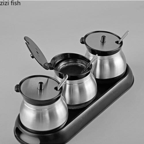 Stainless Steel Glass Seasoning Jar Set Spice Container Kitchen Supplies Salt Shaker Spice Jar Three-piece Suit Spice Box Set