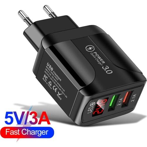 QC3.0 USB Charger Adapter Universal With LED Display 5V 3A Quick Charger Power Adapter Travel Wall For Iphone 12 XiaoMi EU/US/UK