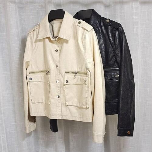 2021 Spring Autumn Women Short Faux Washed PU Leather Jacket Vintage Slim Single-breasted Casual Biker Jacket Female Streetwear