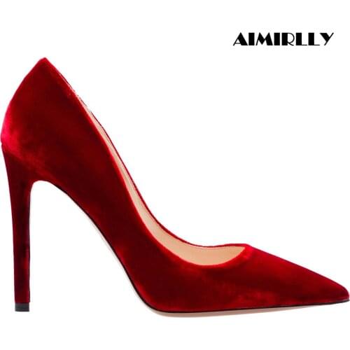 Women Shoes Pointed Toe High Heels Pumps Velvet Spring Autumn Weddin Ceremony Party Shoes Sexy Thin Heels Red Black Slip-On