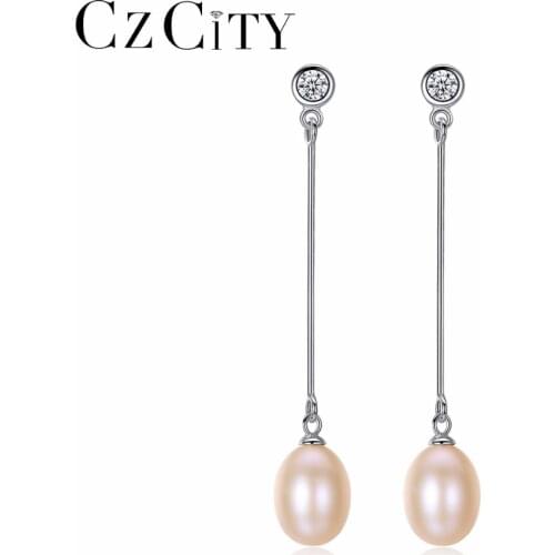CZCITY Long Earrings Natural Freshwater White Pink Purple Pearl 925 Sterling Silver Ear Stud for Women Fine Jewelry