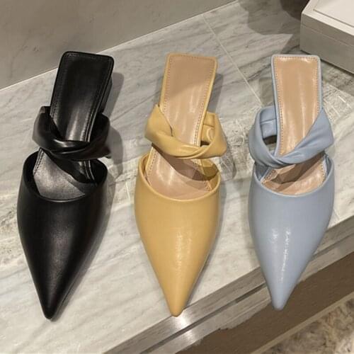 2021 Women Slippers Fashion Pointed Toe Thick Low Heels Sandals Slippers Shoes Woman Casuals Female Slip On Mules Heel Slides