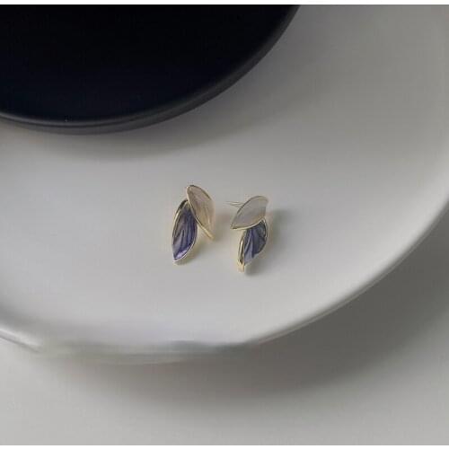 VSnow Unique Design Blue Leaves Plant Stud Earrings for Women Girls French Vintage Veins Gradient Color Earrings Holiday Jewelry