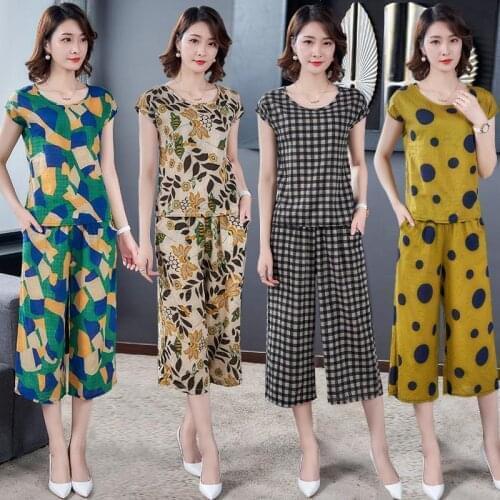 2 Piece Sets Womens Cotton and Linen Outfits Plaid Short Sleeve Tops + Wide Leg Pants Suits Summer Casual Two Piece Set Y927