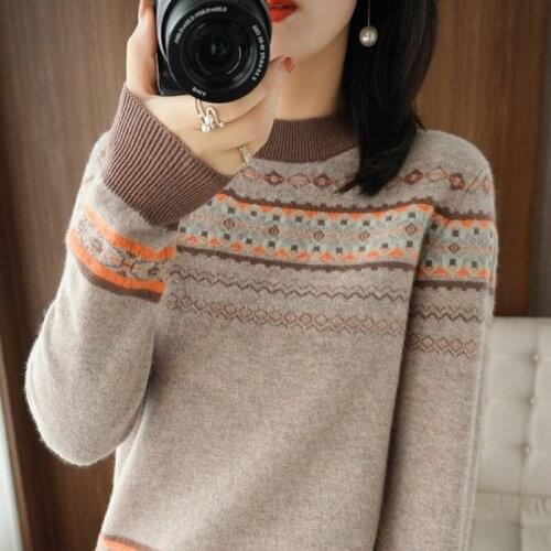 2021 new autumn and winter cashmere sweater womens round neck jacquard loose Pullover 100% wool knitted bottoming shirt