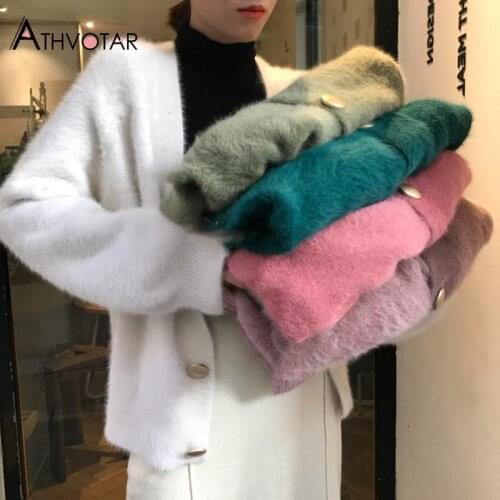 ATHVOTAR Autumn Winter Cardigan Women Warm Fall Knitted Loose Sweater Korean Fashion Causal Solid Color Sweater