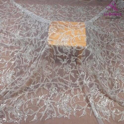 La Belleza new beaded beading sequins wedding dress lace fabric silver super shiny gown lace fabric,high quality lace 1 yard