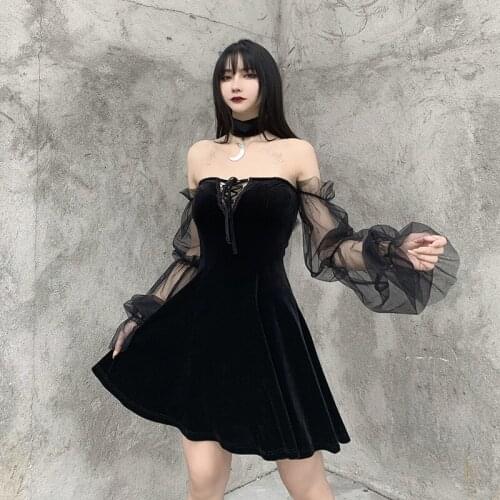 Gothic Woman Dress Sexy Black Vintage Lace Up Female Long Sleeve Dress Harajuku High Waist Aesthetic Mesh Mini Party Club Dress
