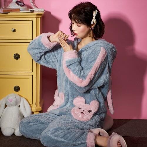 Winter Pyjamas Loose Version Woman Sleepwear Medium Style Packed Trend Nonopnd Thicken Partysu Hooded Video Zip Pajamas Plush