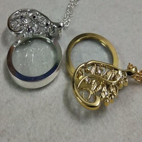 Gold Silver Crystal Flower Openable Circle Magnifier Necklace Magnifing Glass Monocle for Women Evening Party Delicate Wedding