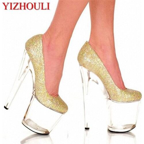 Gold crystal single shoes super-elevation 20cm shallow mouth shoes 8 inch crystal platform high heel womens pumps