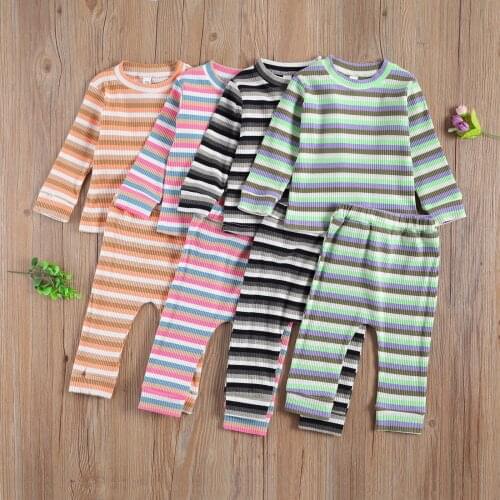 2020 0-3Y Toddler Kids Pajama Sets Boys Girls Colorful Striped Print Long Sleeve Top+Pants Knited 2pcs Outfit Sleepwear