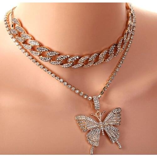 4 Color Women Jewelry Big Size Butterfly Pendants Full Rhinestones Hip Hop Geometric Vintage Choker Hyperbole Necklace for Lady