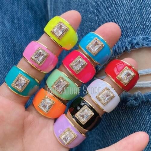 5Pcs RM40067 Cubic Zirconia Gold Plated Copper Jewelry Copper Ring Enamel Rectangle Colors Gold Plated Cubic Zirconia Ring