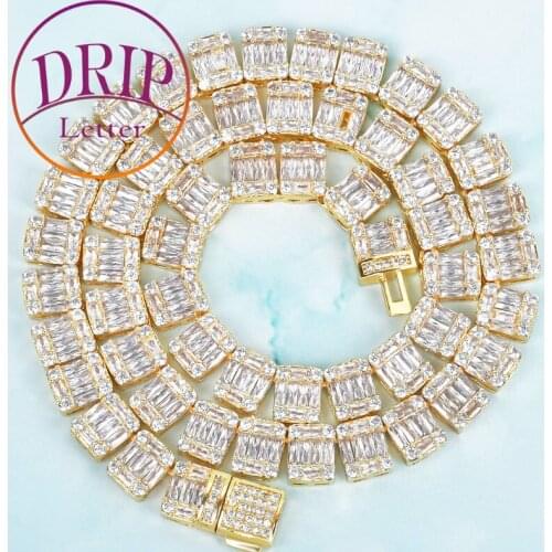 9MM Square Necklace With Baguette Zircon Chain Mens Hip Hop Rock Link Jewelry Gold Color Copper Bling Fashion