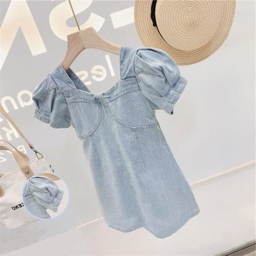 New Sky Blue Denim Dress for Girls U-neck Fashion Kids Clothes Children Puff Sleeves Mini Dresses vestido moda 2020