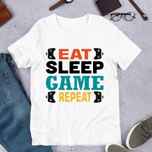 Eat Sleep Game Repeat T Shirt Funny Gaming Graphic Cotton Tees for Gamer Gift