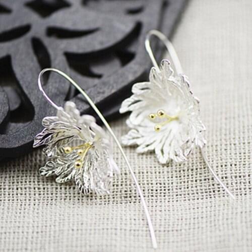 925 Silver Earring wire drawing gold plated elegant three-dimensional flower eardrop