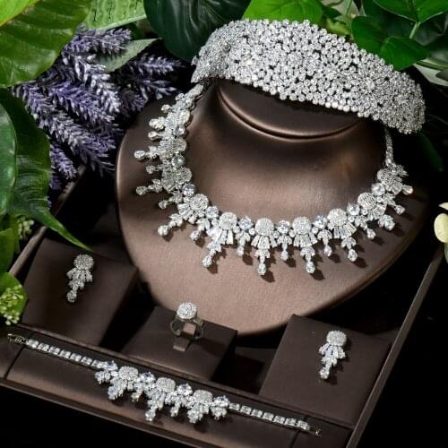 HIBRIDE New Engagement Jewelry Sets White Gold Color Neckalce Earring Set 5pcs Women Bridal Wedding Party Accessories N-1608
