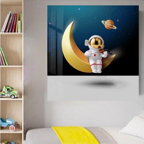 Universe Stars Pictures Astronaut Play the Piano Canvase Cartoon Funny Painting Wall Art Prints For Kids Cute Room Decorative
