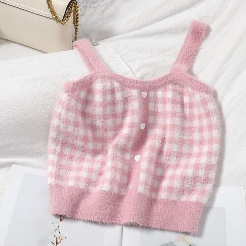 Heliar Cute Patchwork Tank Crop Top Knitting Women Plaid Camisole Female Slimming Candy Color Crop Tops Top Autumn Autumn