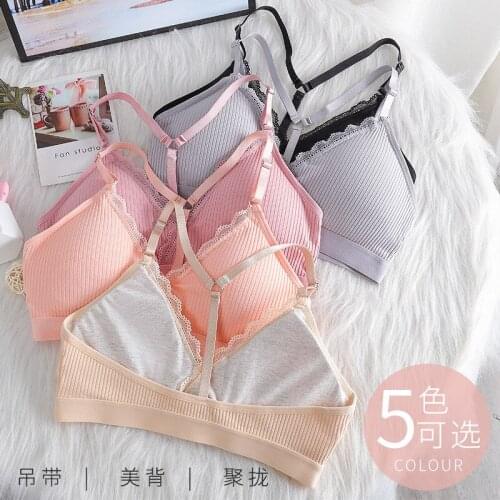Linbaiway Cotton Sling Beautiful Back Bra for Women Tube Top No Steel Ring Wrapped Chest Student Gather Thin Strap Bra Underwear