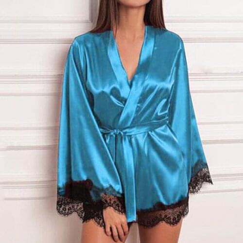 Richkeda Store New 2021 Womens Satin Silk Lace Robe Female Bathrobe Robes Sleepwear Ladies Sexy Robe For Women Chemise De