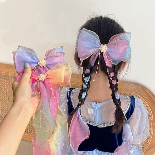 Korean Ribbon Cute Shinny Hairpins Yarn Bow Hair Clip Long Hair Tie For Girls Kids Sweet Pearl Tassel Barrettes Hair Accessories