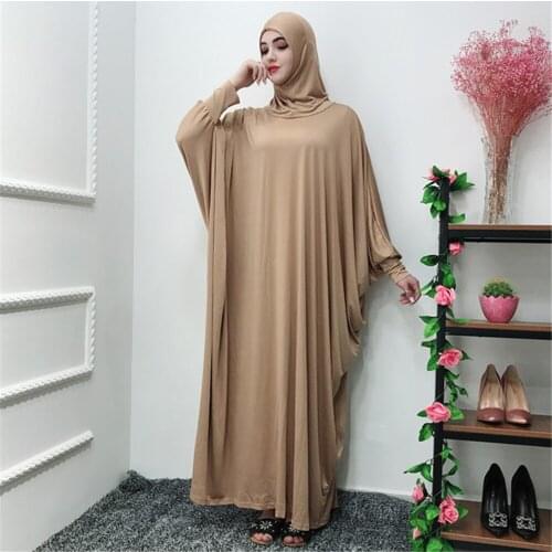 Fashion Solid Muslim Ramadan Abaya Dress Turkish Women Prayer Clothing Islamic Moslem Bat Sleeve Dresses Hijab