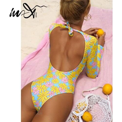 In-X Floral print monokini Backless bodysuit String swimwear female High neck one piece swimsuit women Sexy bathing suit 2021