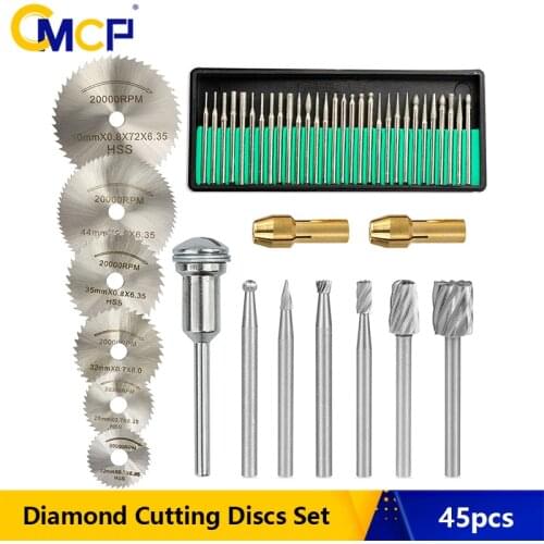 CMCP 45pcs Diamond Engraving Accessories Set HSS Mini Circular Saw Blade Set Routing Bit for Dremel Drill Bit Rotary Accessories