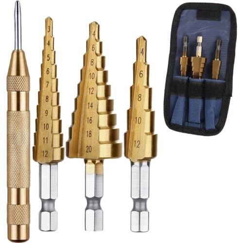 4pcs/5pcs 3-12mm 4-12mm 4-20mm HSS Straight Groove Step Drill Bit Set Titanium Coated Wood Metal Hole Cutter Core Drill Bit Set
