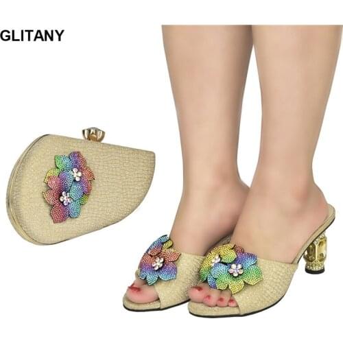 New Women Sandals Elegant Nigerian Women Pumps Shoe for Party High Quality African Shoes and Bag Set Decorated with Rhinestone