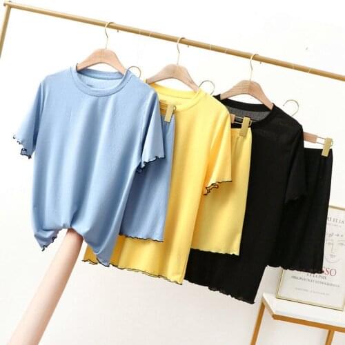 Ice Silk Cool Summer Pajamas Women Fresh Candy Color Students Sleepwear Set Short Sleeve Shirt + Pant Two Piece Pijama Suit