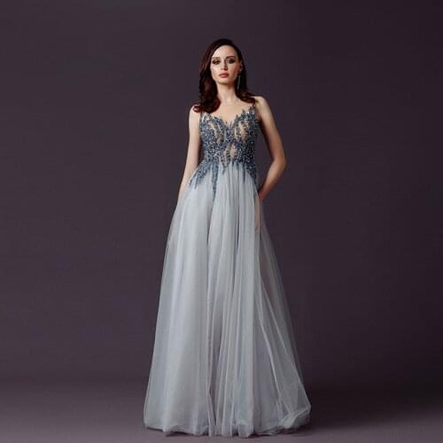 On Sale Gorgeous Silver Sleeveless Evening Dresses Long Tulle Jewel Neck Illusion Back Wedding Party Dresses Beading Bodice