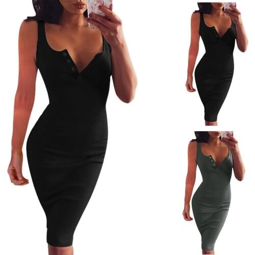 Plus Size Summer Dresses For Women Sexy Solid Sleeveless O-Neck Button Spaghetti Strap Dress Slim Party Dress Vestido De Mujer