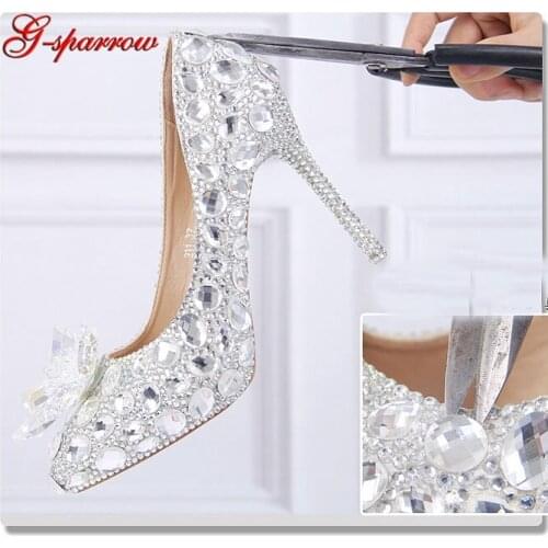 2019 Silver Rhinestone Bride Wedding Shoes Crystal High Heels Pointed Toe Handmade Formal Dress Shoes Cinderella Prom Pumps