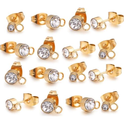 20pcs Lot Stainless Steel Rhinestone Gold Ball Stud Earrings Post Hooks with Loop Fit DIY Earring Jewelry Making Wholesale Items