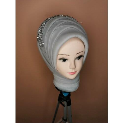 Womens Gray Color Muslim Hijab Scarf Ready to Wear Turban Islamic Headscarf Female Head Wraps lycra tulle Shawl wedding party