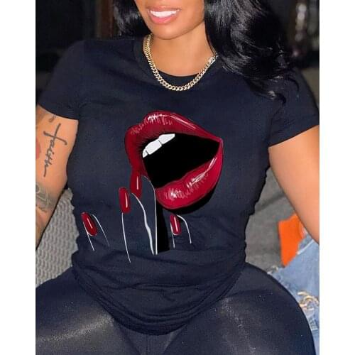 Women T Shirt Letter Lips Cartoon Print Fashion Funy Clothes Tees Lady Tshirt for Female Top Graphic T-shirt Womens Clothing