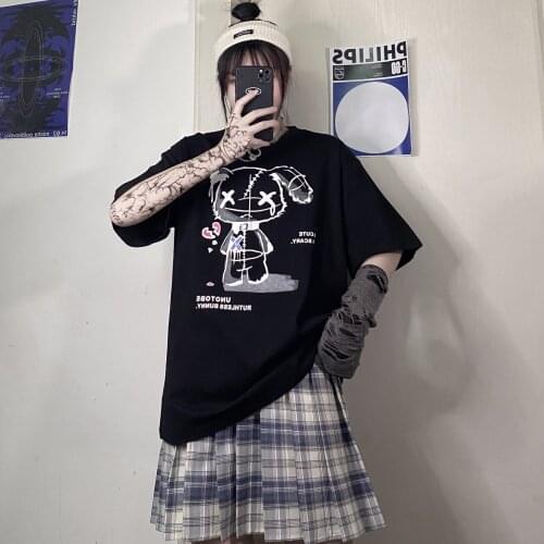 Womens Clothing T-Shirt Cartoon Anime Manga Girl Printed Tee Shirts Summer Loose Korea Harajuku Punk Top Hip Hop Streetwear Y2k