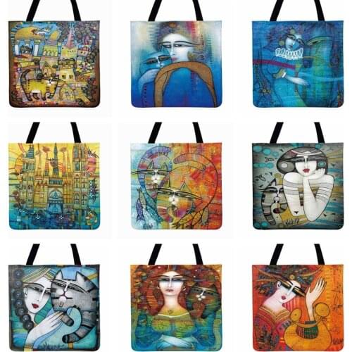 Egyptian Queen And Cat Painting Print Tote Bag Women Tote Bag Ladies Bag Shoulder Bag Foldable Shopping Bag Outdoor Beach Bag