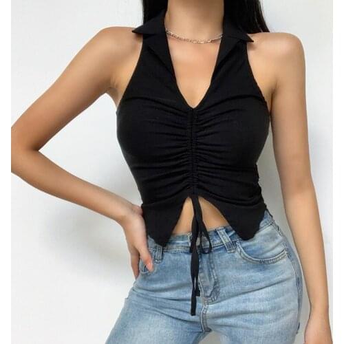 Pure Color Vest Short Drawstring Lapel Lapel Sleeveless Top Womens Commuter Style New