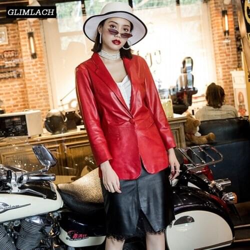 2020 Spring Red Lambskin Real Leather Suits Jacket Office Lady Elegant 100% Genuine Leather Blazer Coat Women Slim Short outwear