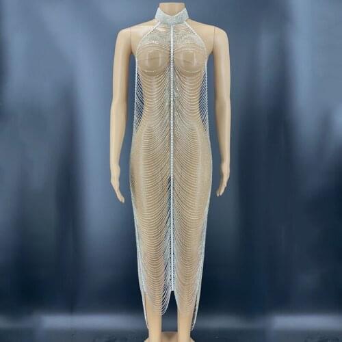 Sexy Rhinestone Dress Flashing Silver Stones Chains Hollow Design Dress Birthday Prom Backless Dress Performance Dress DN9756