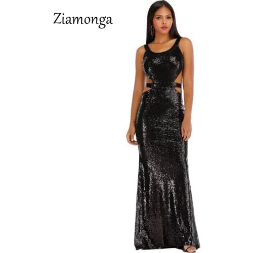 Ziamonga Sleeveless Hollow Out Long Evening Dress Sequined Mermaid Evening Gowns Women Formal Party Dresses Ladies Maxi Vestidos