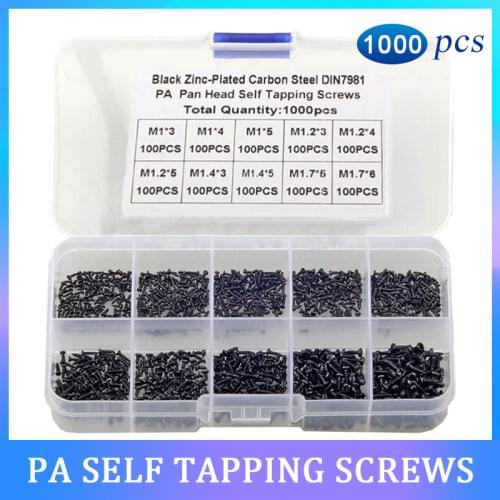1000PCS M1 M1.2 M1.4 M1.7 Carbon Steel Pan Round Head Self tapping Screw Set Mini Small Phillips Wood Screw Combination Kit Box