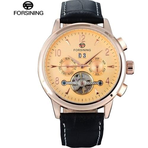 FORSINING Classic Fashion Mens Watches Tourbillion Genuine Leather Top Brand Luxury Complete Calendar Automatic Mechanical Watch