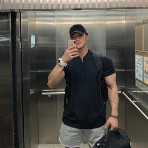 Running T-shirt Men Gym Short Sleeve Cotton V neck T-shirt Slim Fitness T Shirt Bodybuilding Workout Tee Tops Summer Clothing