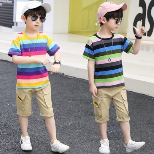 2021Summer Kids Baby Boys Clothes Sets Children striped rainbow T shirt Short Sleeve + hot pants teenager 6 8 10 13 12 14 Years